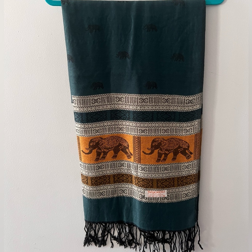 Cashmere Elephant Patterned Pashmina Scarf with Fringe